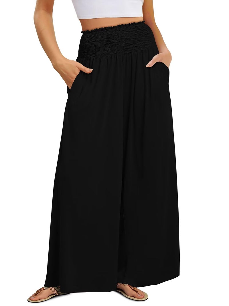 KISSMODA Women Palazzo Pants Summer Boho Bagyy Wide Leg High Smocked Waist Casual Loose Lounge Pant with Pocket Black L - Image 1