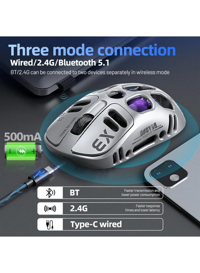 T-WOLF X3 Wireless Gaming Mouse, 70g Lightweight Hollow-out Design - 12,000 DPI PAW 3311 Sensor, 6 Programmable Buttons, Supports Wired/2.4GHz/Bluetooth Connection, Suitable for PC/Mac/Gamers (Silver) - Image 3