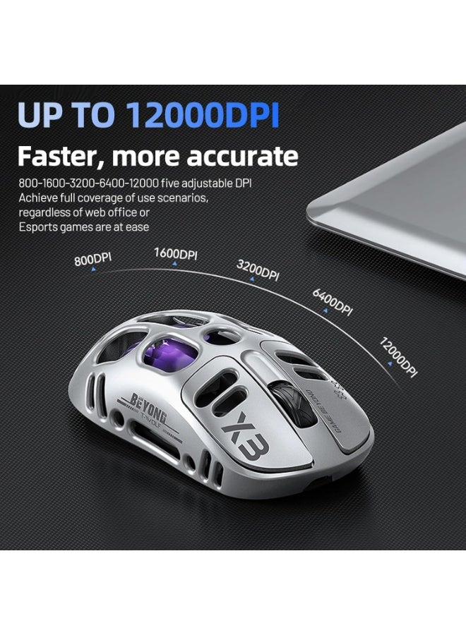 T-WOLF X3 Wireless Gaming Mouse, 70g Lightweight Hollow-out Design - 12,000 DPI PAW 3311 Sensor, 6 Programmable Buttons, Supports Wired/2.4GHz/Bluetooth Connection, Suitable for PC/Mac/Gamers (Silver) - Image 4