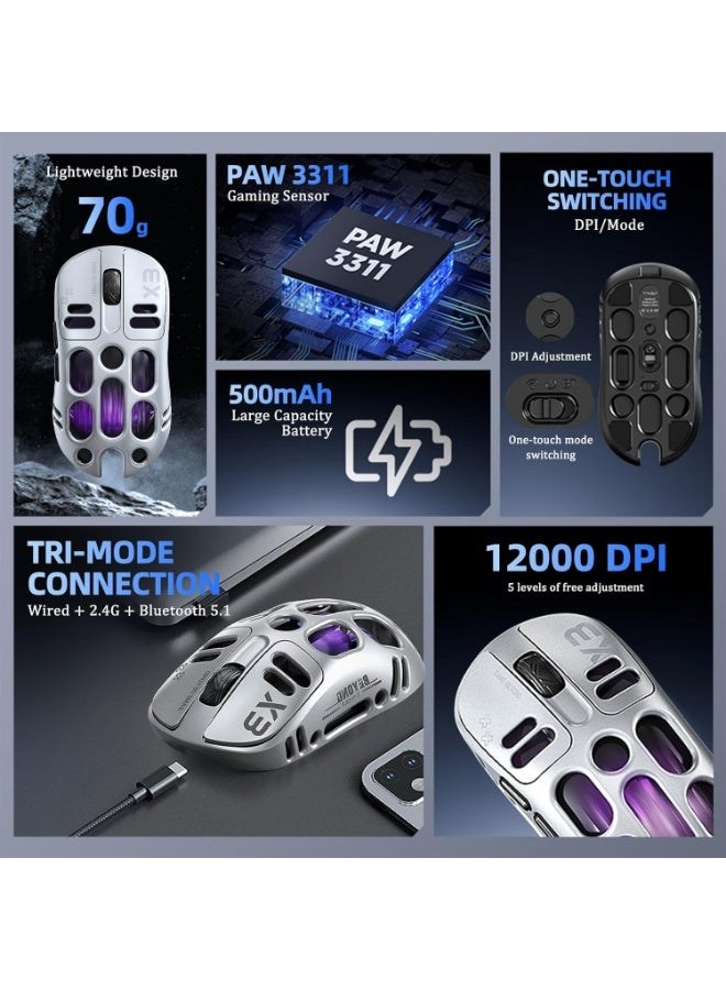 T-WOLF X3 Wireless Gaming Mouse, 70g Lightweight Hollow-out Design - 12,000 DPI PAW 3311 Sensor, 6 Programmable Buttons, Supports Wired/2.4GHz/Bluetooth Connection, Suitable for PC/Mac/Gamers (Silver) - Image 2