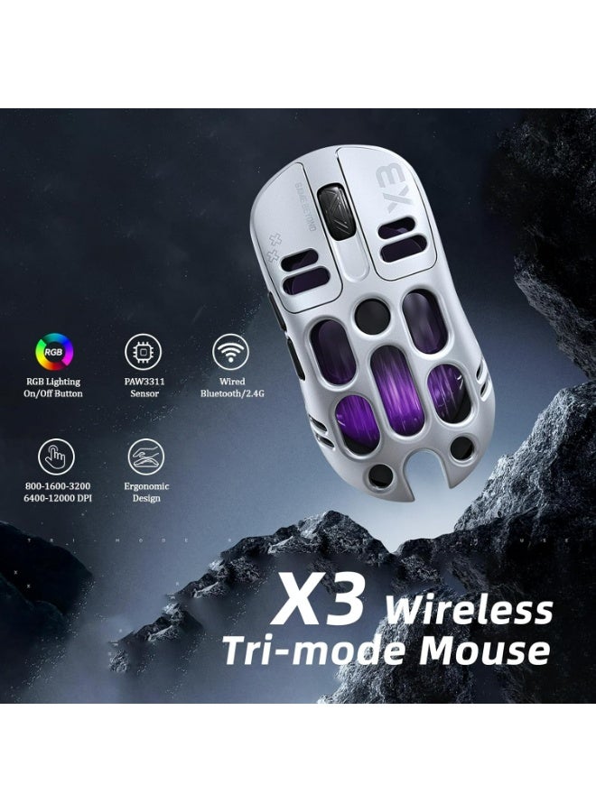 T-WOLF X3 Wireless Gaming Mouse, 70g Lightweight Hollow-out Design - 12,000 DPI PAW 3311 Sensor, 6 Programmable Buttons, Supports Wired/2.4GHz/Bluetooth Connection, Suitable for PC/Mac/Gamers (Silver) - Image 1