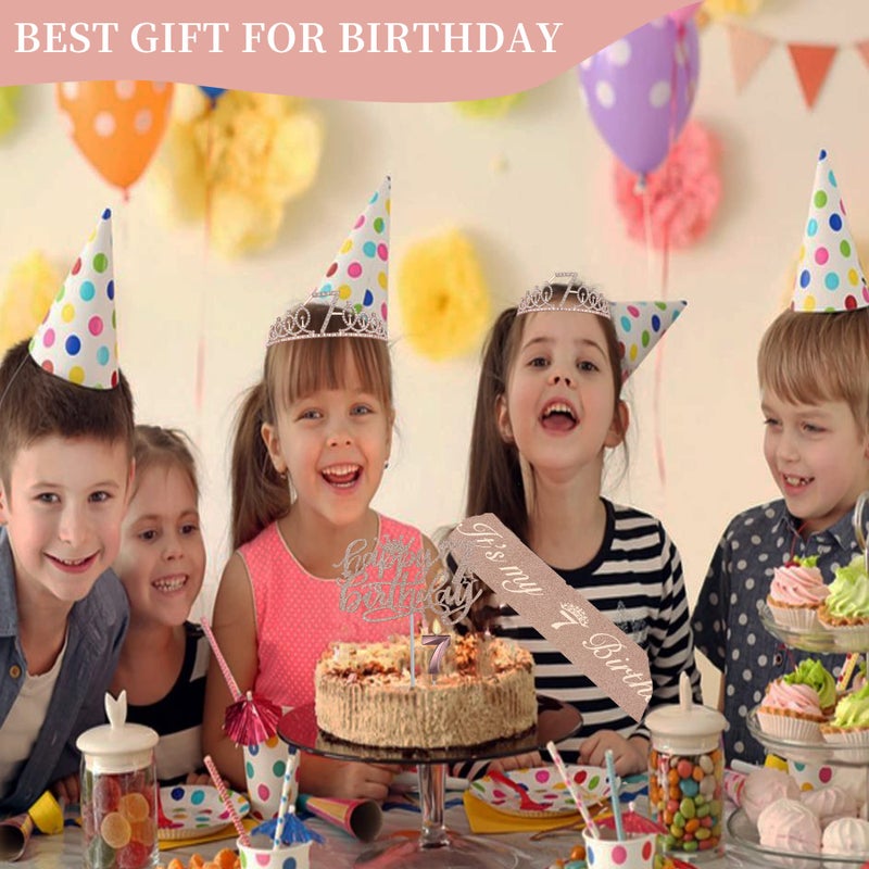 Juesly 7th Birthday Decorations for Girl with Sash and Tiara, Numeral Candle and Cake Topper, 7 Year Old Birhtday Girls Rose Gold Party Favor Supplies - Image 2