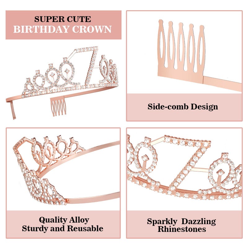 Juesly 7th Birthday Decorations for Girl with Sash and Tiara, Numeral Candle and Cake Topper, 7 Year Old Birhtday Girls Rose Gold Party Favor Supplies - Image 4