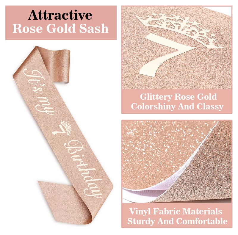 Juesly 7th Birthday Decorations for Girl with Sash and Tiara, Numeral Candle and Cake Topper, 7 Year Old Birhtday Girls Rose Gold Party Favor Supplies - Image 5