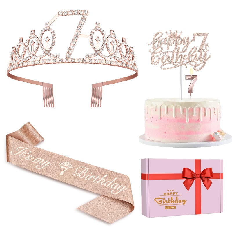 Juesly 7th Birthday Decorations for Girl with Sash and Tiara, Numeral Candle and Cake Topper, 7 Year Old Birhtday Girls Rose Gold Party Favor Supplies - Image 1