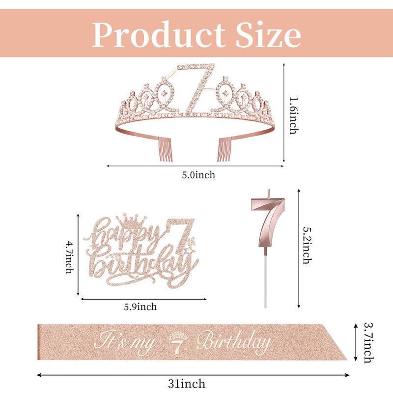Juesly 7th Birthday Decorations for Girl with Sash and Tiara, Numeral Candle and Cake Topper, 7 Year Old Birhtday Girls Rose Gold Party Favor Supplies - Image 3