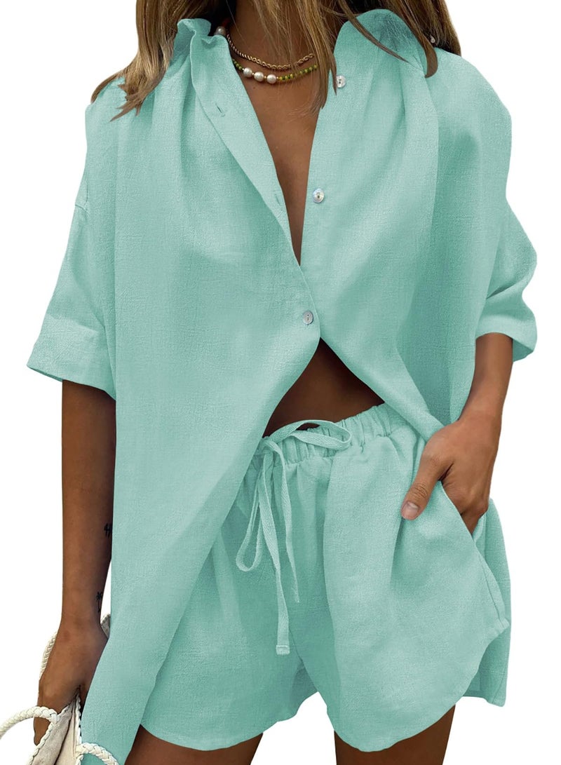 Fixmatti Women's 2 Piece Outfits Casual Solid Short Sleeve Button Down Blouse and Short Set Leisure Suit Blue M - Image 1