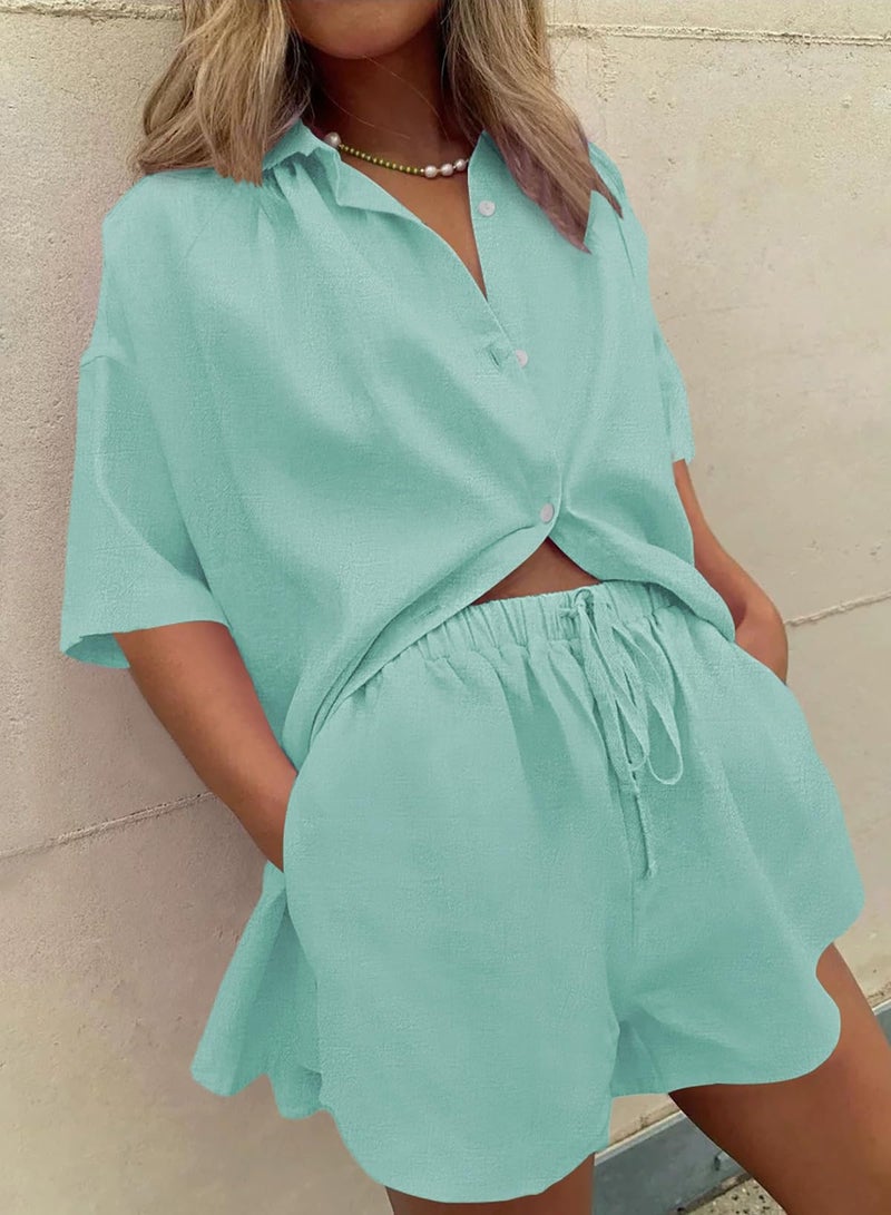 Fixmatti Women's 2 Piece Outfits Casual Solid Short Sleeve Button Down Blouse and Short Set Leisure Suit Blue M - Image 4