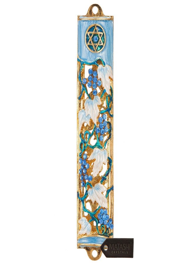 Matashi Hand Painted Blue and Ivory Enamel Grape Mezuzah Embellished with Gold Accents and Crystals Home Door Wall Decor Housewarming Present Gift for Festival (6 inch) - Image 1