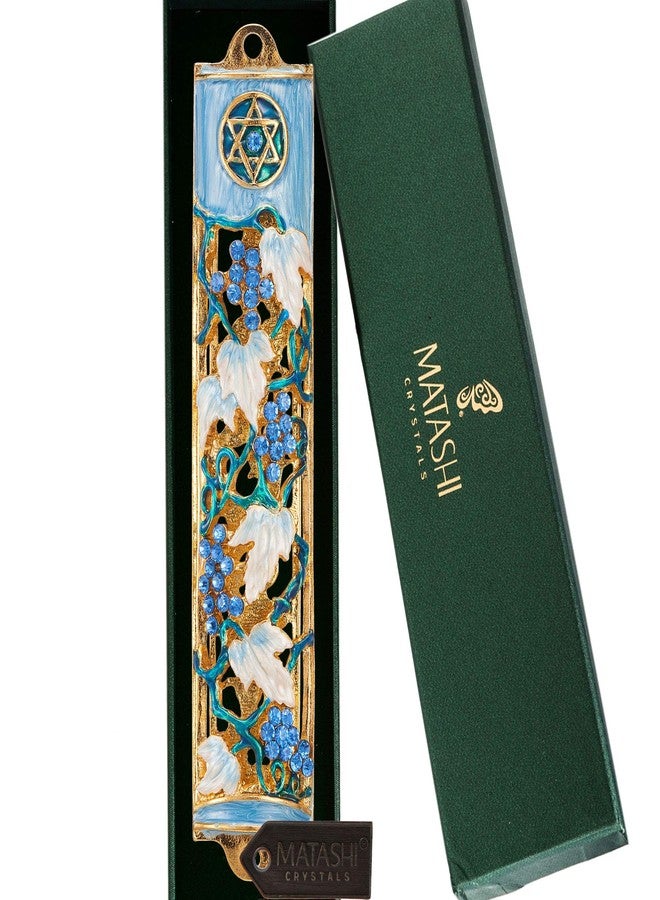 Matashi Hand Painted Blue and Ivory Enamel Grape Mezuzah Embellished with Gold Accents and Crystals Home Door Wall Decor Housewarming Present Gift for Festival (6 inch) - Image 2