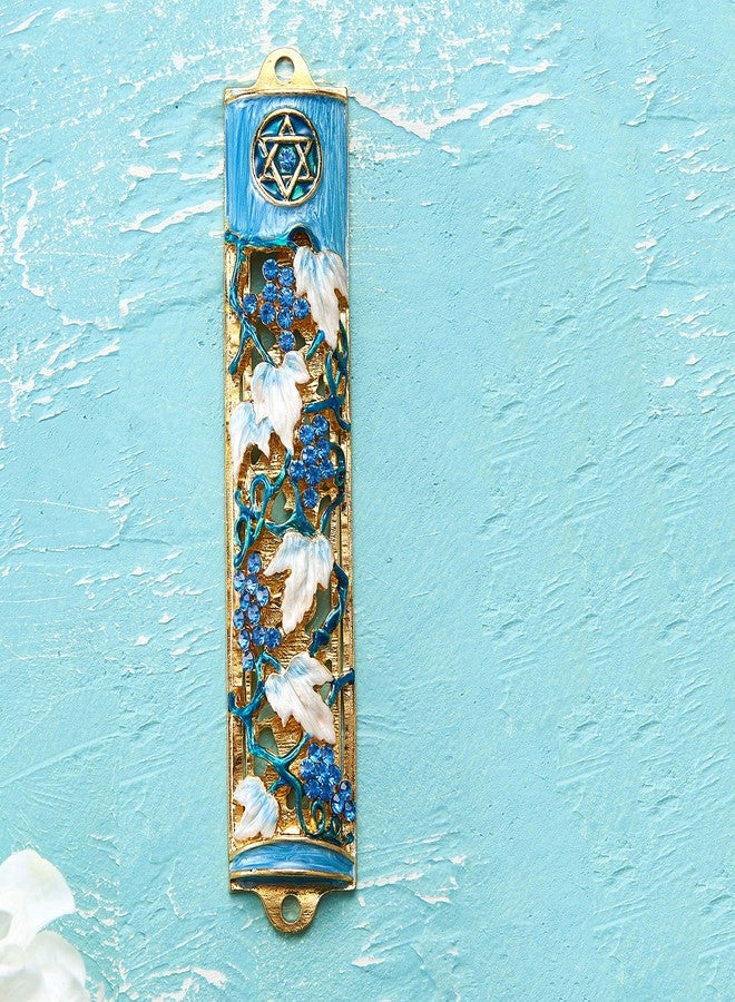 Matashi Hand Painted Blue and Ivory Enamel Grape Mezuzah Embellished with Gold Accents and Crystals Home Door Wall Decor Housewarming Present Gift for Festival (6 inch) - Image 3