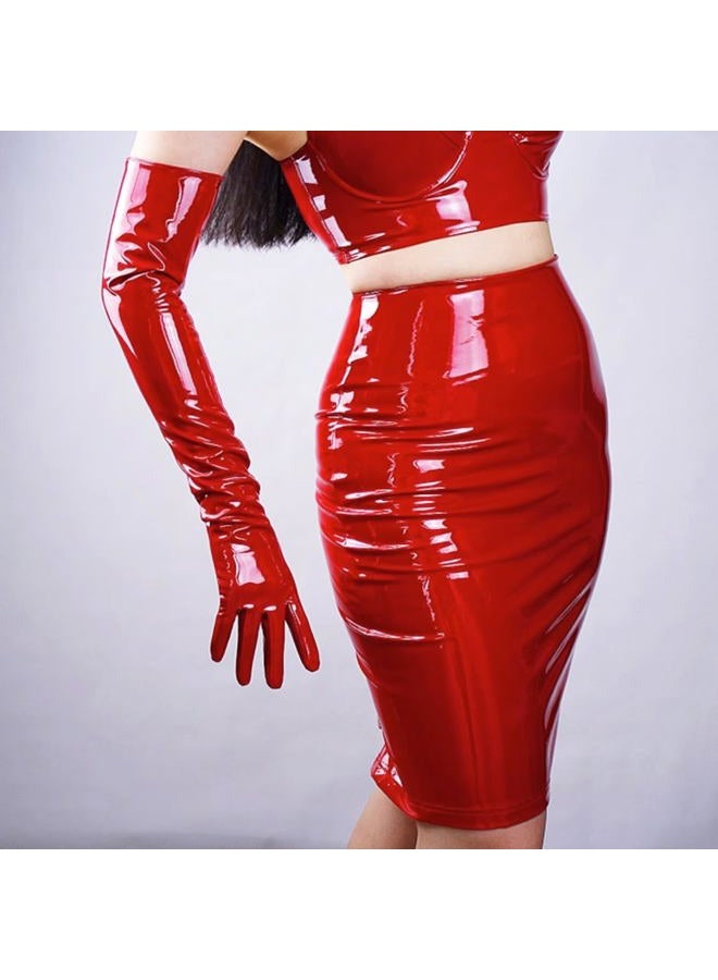 DooWay Women Opera Leather Gloves Shine Wet Look 24 inches Faux Patent Leather PU for Evening Costume Dance Pageant, Red, 60cm - Image 2