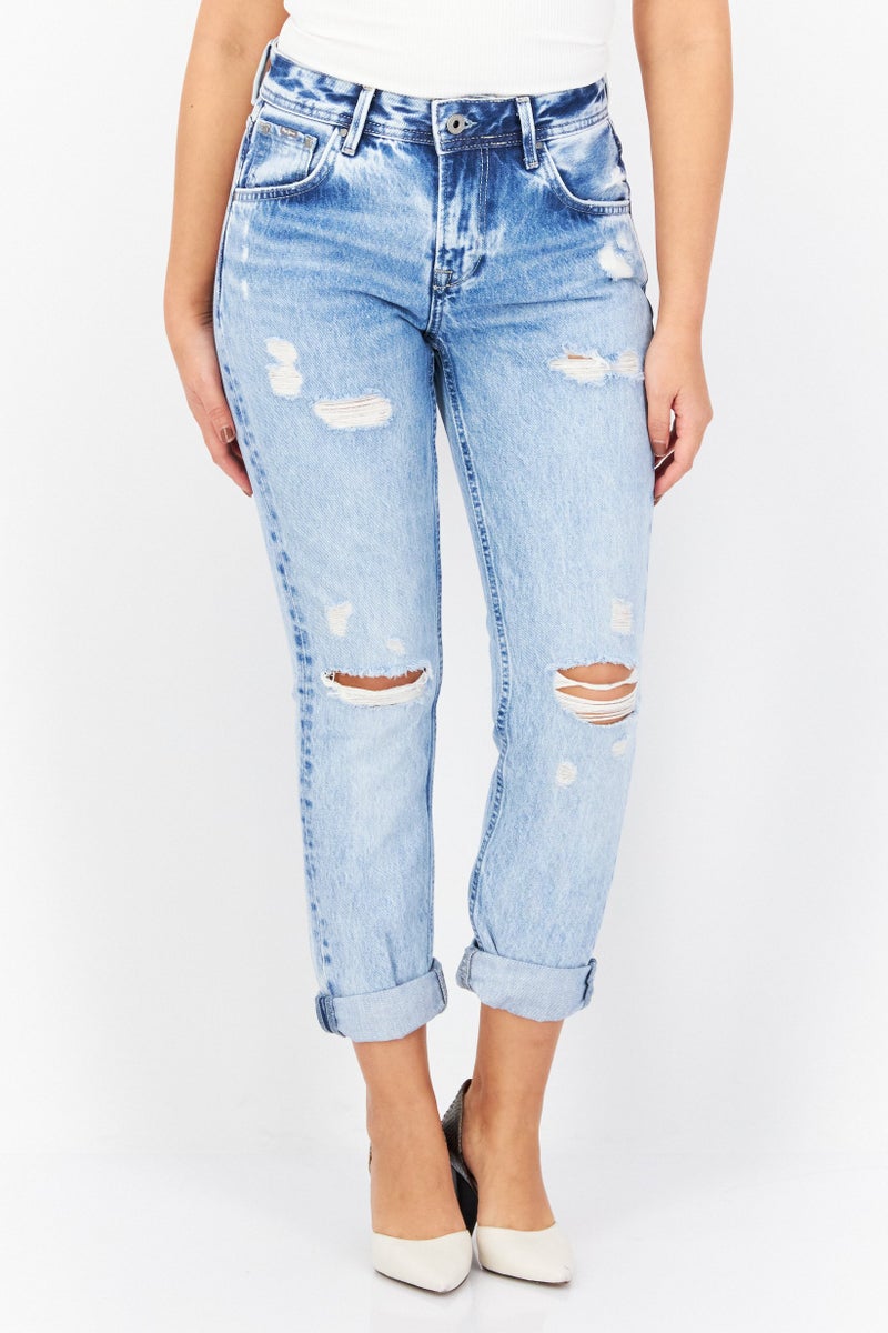 Pepe Jeans Women Mom Fit Washed Non-Stretchable Regular Denim Jeans, Blue - Image 1