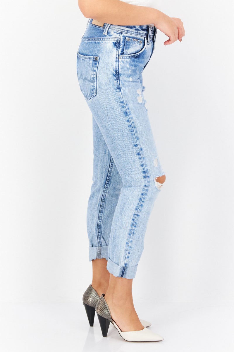 Pepe Jeans Women Mom Fit Ripped Non-Stretchable Jeans, Blue - Image 4