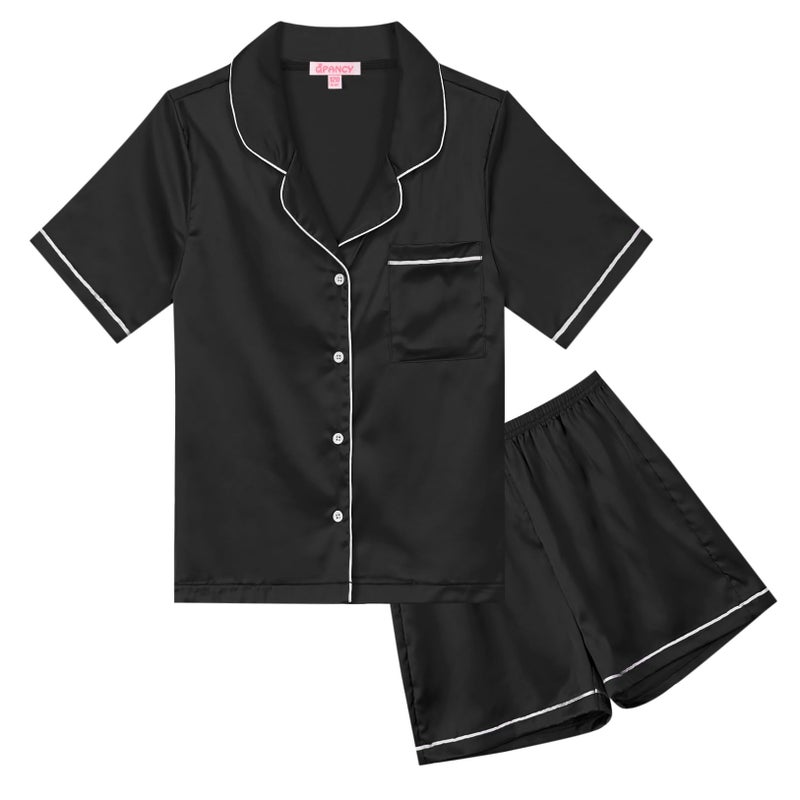 QPANCY Big Girls Boys Button Up Pajamas Set Summer Pjs Kids Black Short Sleeve Sleepwear Size 12 13 - Image 1