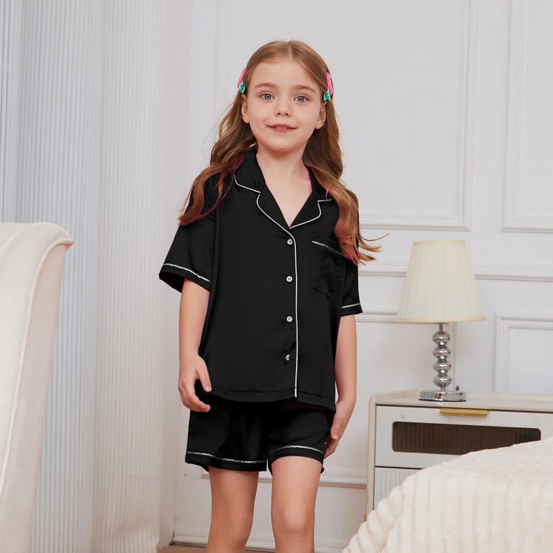 QPANCY Big Girls Boys Button Up Pajamas Set Summer Pjs Kids Black Short Sleeve Sleepwear Size 12 13 - Image 3