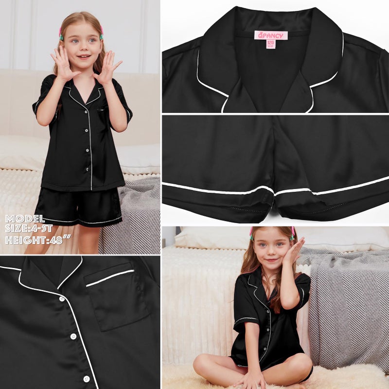 QPANCY Big Girls Boys Button Up Pajamas Set Summer Pjs Kids Black Short Sleeve Sleepwear Size 12 13 - Image 5