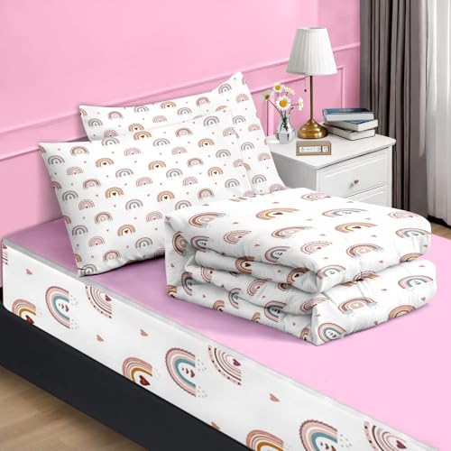 Nesker Zipper Bedding Full Rainbow Heart Zip Up Bedding Set for Girls and Kids, Pink Boho 3 Pcs Comforter Bed in a Bag with Fitted Sheet and 2 Pcs Pillowcases - Image 2