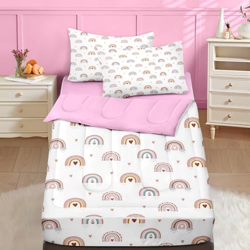 Nesker Zipper Bedding Full Rainbow Heart Zip Up Bedding Set for Girls and Kids, Pink Boho 3 Pcs Comforter Bed in a Bag with Fitted Sheet and 2 Pcs Pillowcases - Image 1
