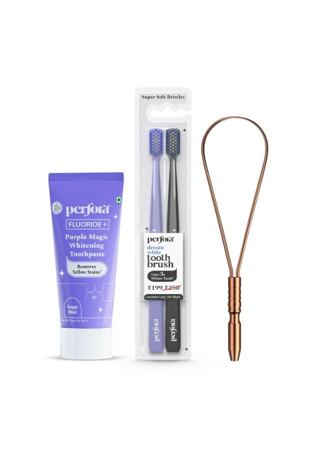 Perfora Teeth Whitening Combo | Enamel-Safe & Sensitivity-Free Oral Care Formula | For Fresh Breath & Bacteria Removal | Purple Toothpaste-75gm, Copper Tongue Cleaner, Manual Toothbrush-Pack of 2 - Image 1
