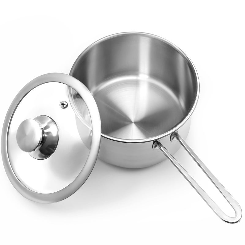 AuFranc 2 Quart Triply Stainless Steel Saucepan with Glass Lid Induction Sauce Pan Compatible with All Cooktops NonToxic Sauce Pot with Stay Cool Handle Oven Dishwasher Safe Silver