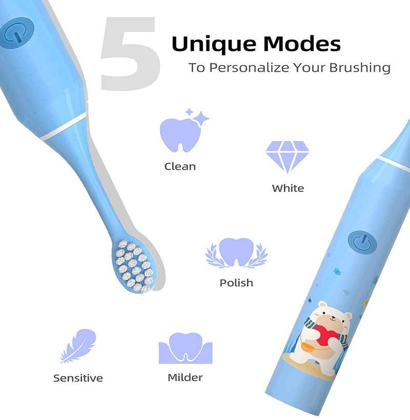 US1984 Sonic Electric Toothbrush for Kids with 5 Modes, 3 Brush Heads & Rechargeable Battery, Ultra Soft Nylon Bristles, IPX7 Waterproof, Electric Power Tooth brush (Blue & Pink) - Image 2