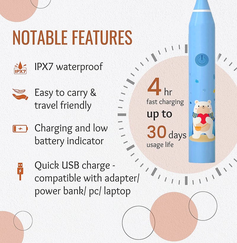 US1984 Sonic Electric Toothbrush for Kids with 5 Modes, 3 Brush Heads & Rechargeable Battery, Ultra Soft Nylon Bristles, IPX7 Waterproof, Electric Power Tooth brush (Blue & Pink) - Image 3
