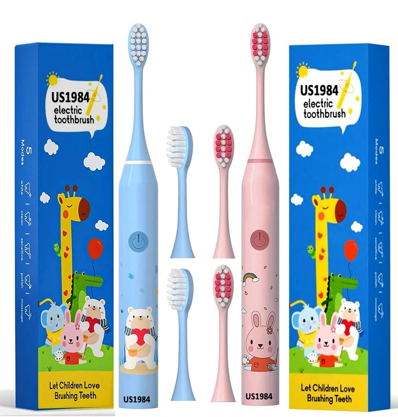 US1984 Sonic Electric Toothbrush for Kids with 5 Modes, 3 Brush Heads & Rechargeable Battery, Ultra Soft Nylon Bristles, IPX7 Waterproof, Electric Power Tooth brush (Blue & Pink) - Image 1