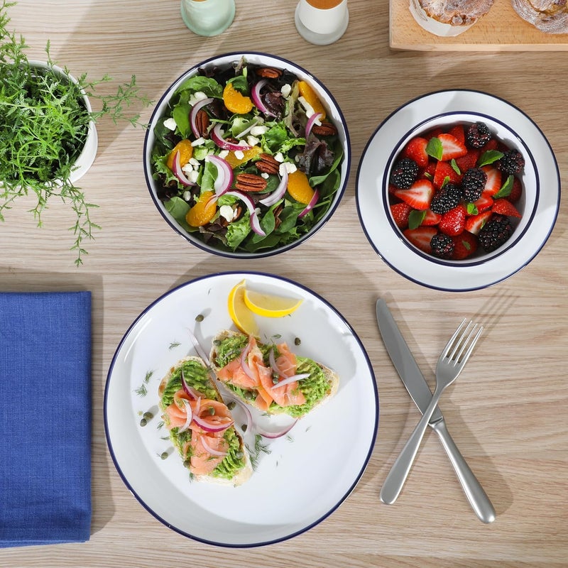 Gibson Home أطقم جيبسون هوم أوسلو من 16 قطعة من الخزف السيراميكي المقاوم للخدوش والأطباق الآمنة في الميكروويف وغسالة الصحون باللون الأبيض مع حافة زرقاء - Image 2