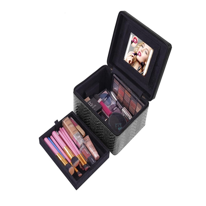 Hard Craft Hard Craft Large Capacity Cosmetic Bags For Womens Girls Bride Multi Functional Beauty Case Wedding Makeup Jewelery Bridal Box Leather Storage Organizer Home Travel With Mirro Handle 165x165x12 cm - Image 4