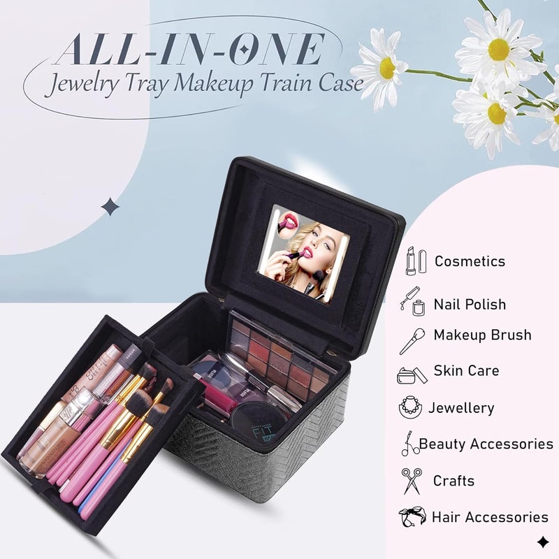 Hard Craft Hard Craft Large Capacity Cosmetic Bags For Womens Girls Bride Multi Functional Beauty Case Wedding Makeup Jewelery Bridal Box Leather Storage Organizer Home Travel With Mirro Handle 165x165x12 cm - Image 2