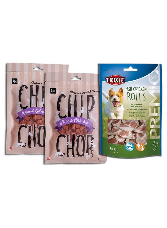 تريكسي مكافآت الكلاب من بريميو، لفائف السمك والدجاج، 75 جرامًا وعبوتان من قطع رقائق البطاطس، مكافآت الكلاب من الدجاج المقطع، 70 جرامًا - مناسبة لجميع سلالات الكلاب - Image 1