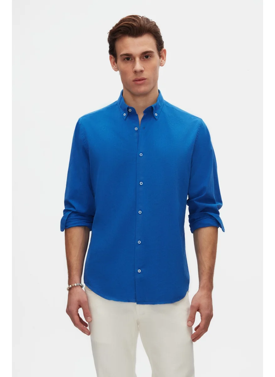 D'S DAMAT D'S Groom Ds Groom Comfort Saks Blue Button-down Collar Relaxed Cut Linen Look Cotton Shirt 2HC02ORT64265