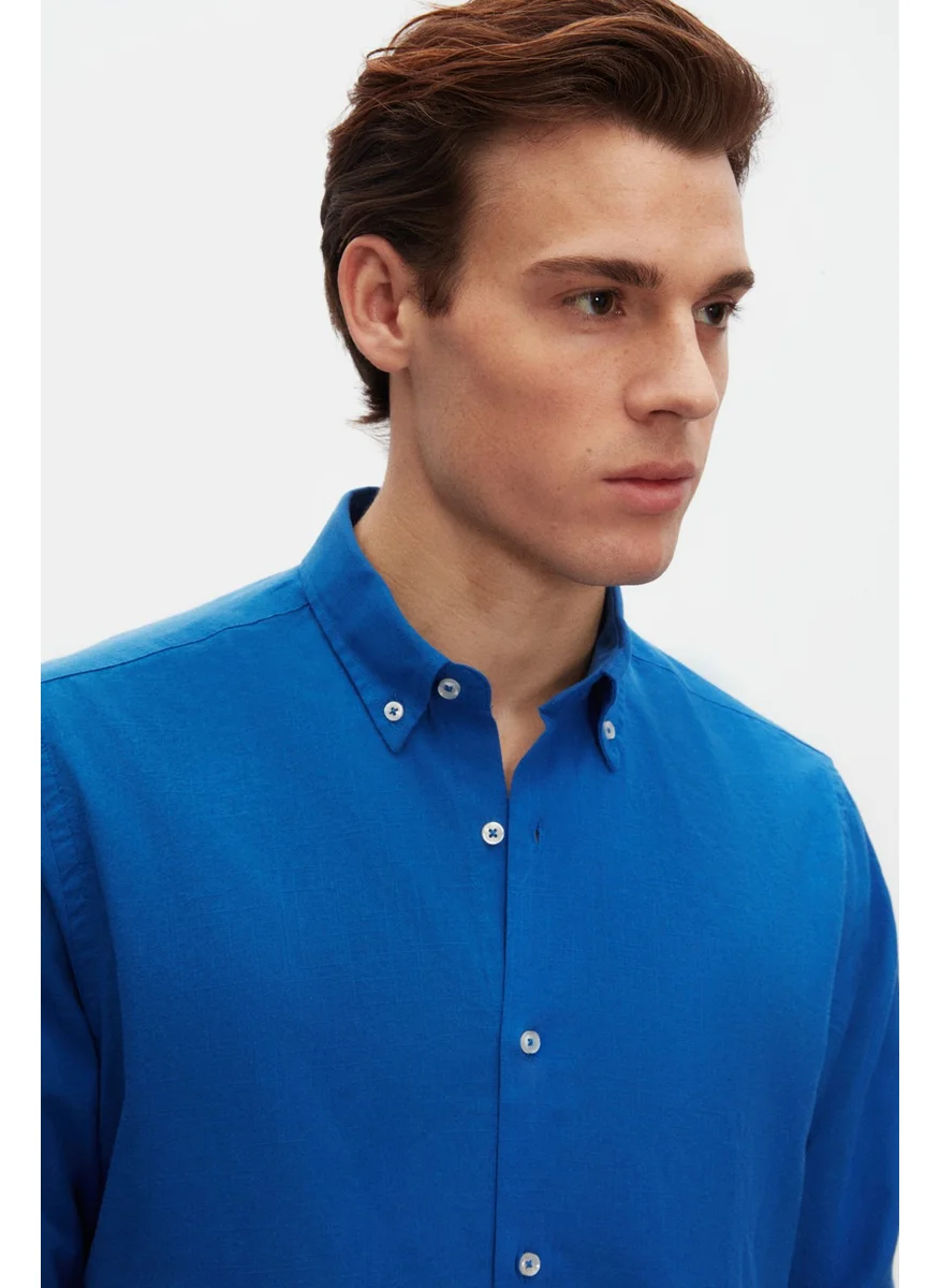 D'S DAMAT D'S Groom Ds Groom Comfort Saks Blue Button-down Collar Relaxed Cut Linen Look Cotton Shirt 2HC02ORT64265