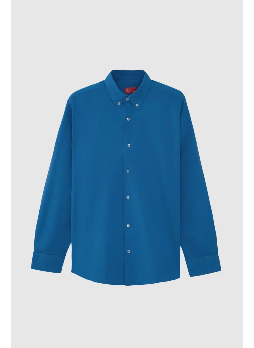 D'S DAMAT Ds Damat Comfort Saks Blue Button-down Collar Relaxed Cut Linen Look 100% Cotton Shirt
