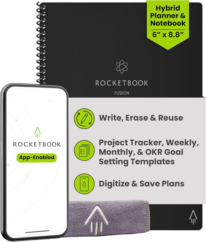 Rocketbook Fusion Smart Reusable Notebook - Calendar, To-Do Lists, and Note Template Pages with 1 Pilot Frixion Pen & 1 Microfiber Cloth Included - Infinity Black Cover Executive - Image 1
