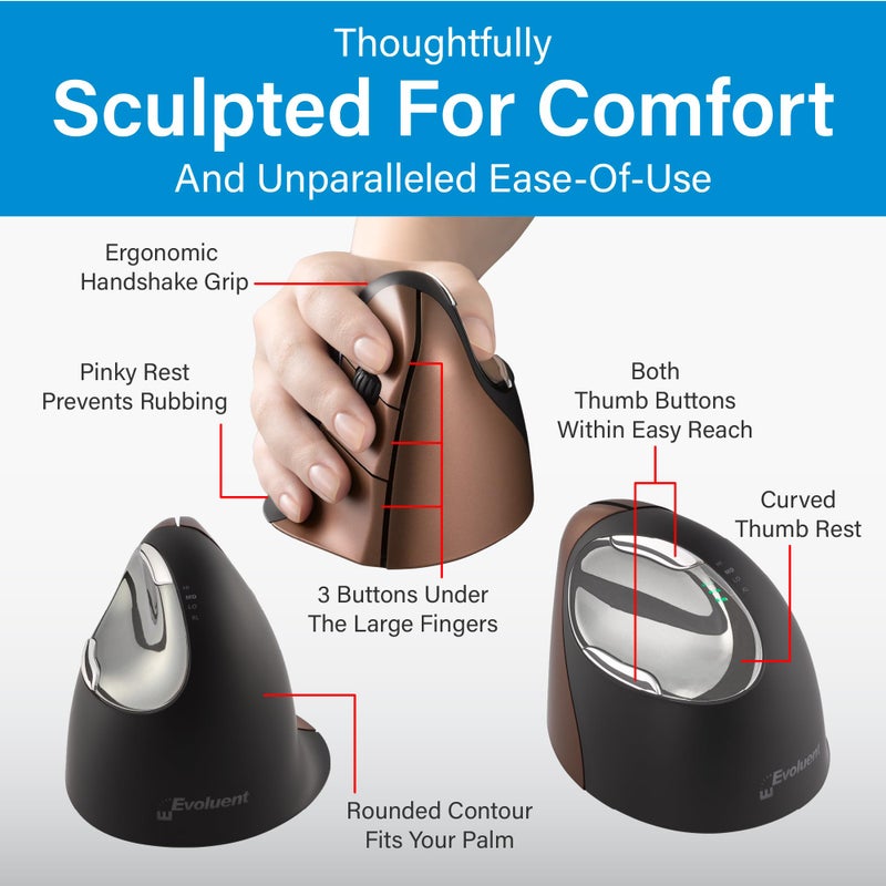 Evoluent â€“ Inventor of The Vertical Mouse â€“ VM4SW Ergonomic Vertical Mouse Right Hand Small Wireless USB, Sculpted for Comfort, Reduces Wrist Strain, 4 Speeds, 6 Customizable Buttons in Windows - Image 5