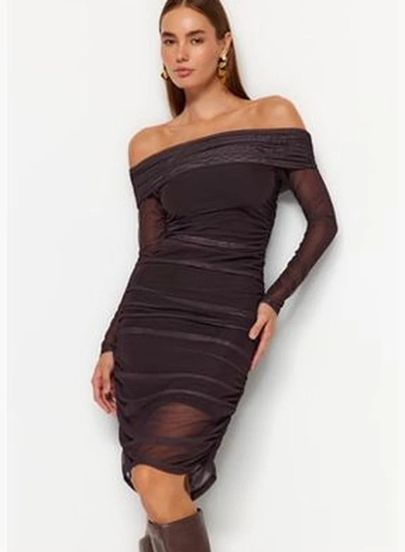 trendyol Brown Carmen Collar, Fitted, Tulle Lined Midi, Knitted Dress TWOAW24EL00146