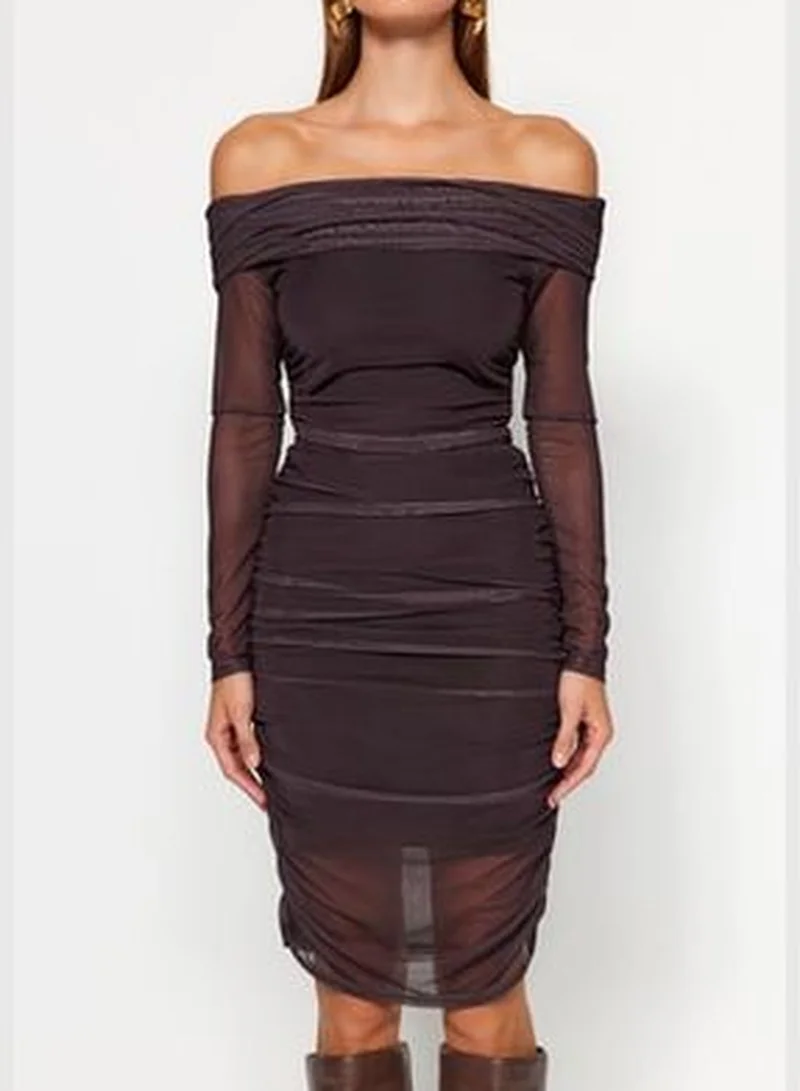 trendyol Brown Carmen Collar, Fitted, Tulle Lined Midi, Knitted Dress TWOAW24EL00146