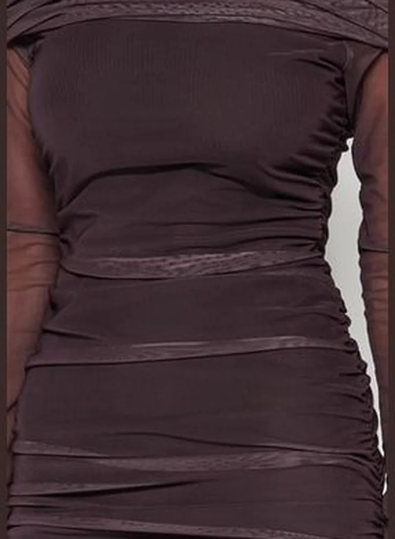 trendyol Brown Carmen Collar, Fitted, Tulle Lined Midi, Knitted Dress TWOAW24EL00146