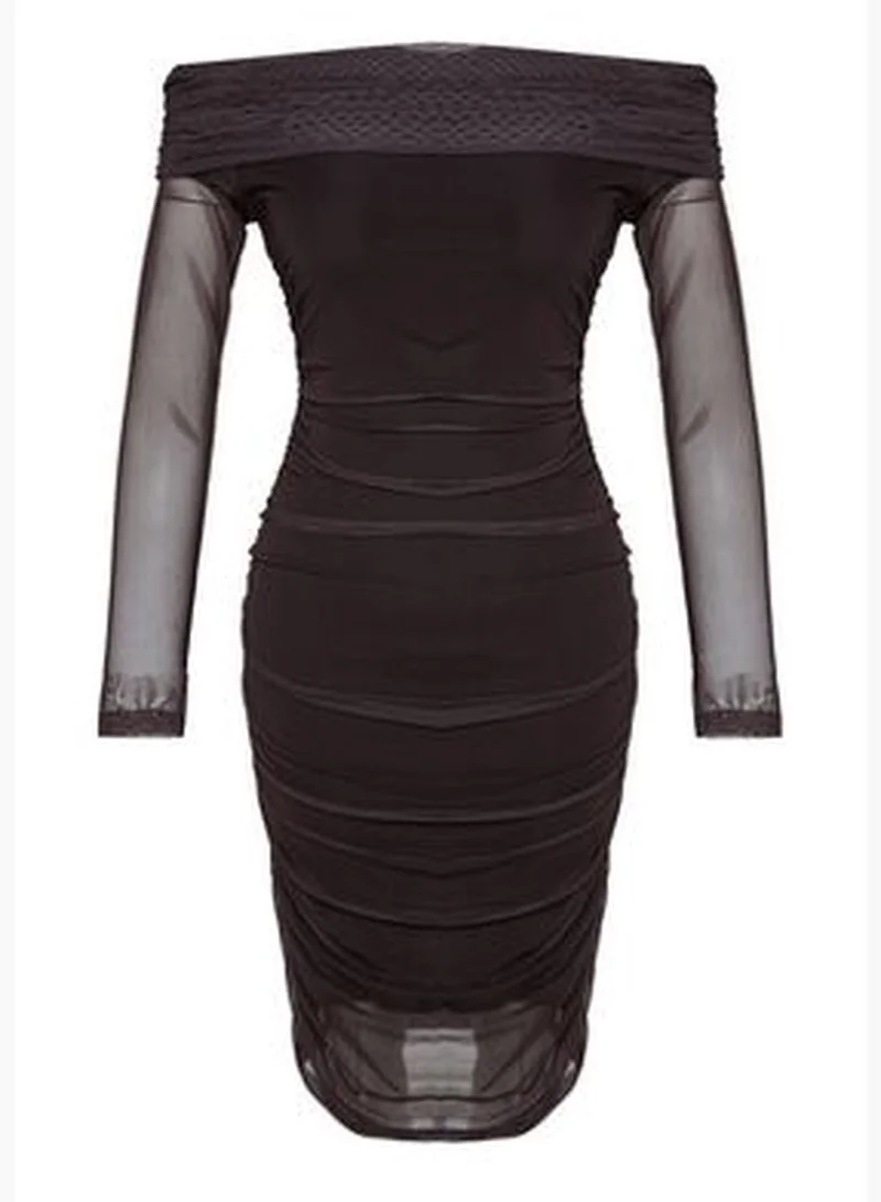 trendyol Brown Carmen Collar, Fitted, Tulle Lined Midi, Knitted Dress TWOAW24EL00146