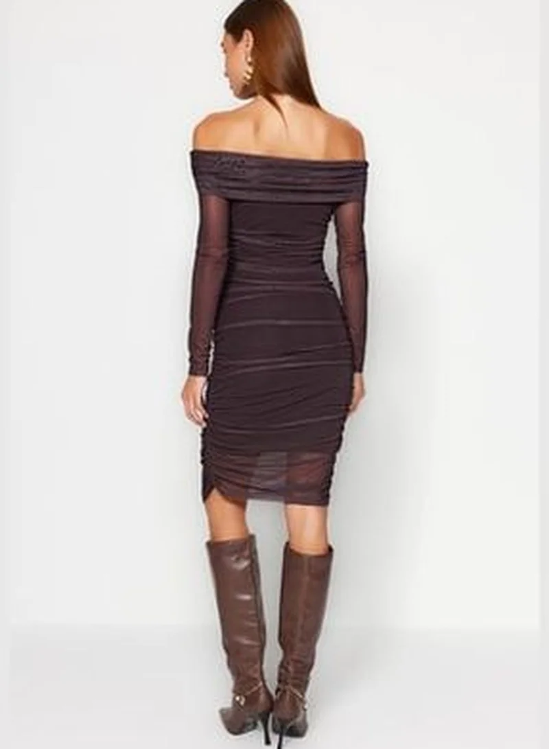 trendyol Brown Carmen Collar, Fitted, Tulle Lined Midi, Knitted Dress TWOAW24EL00146