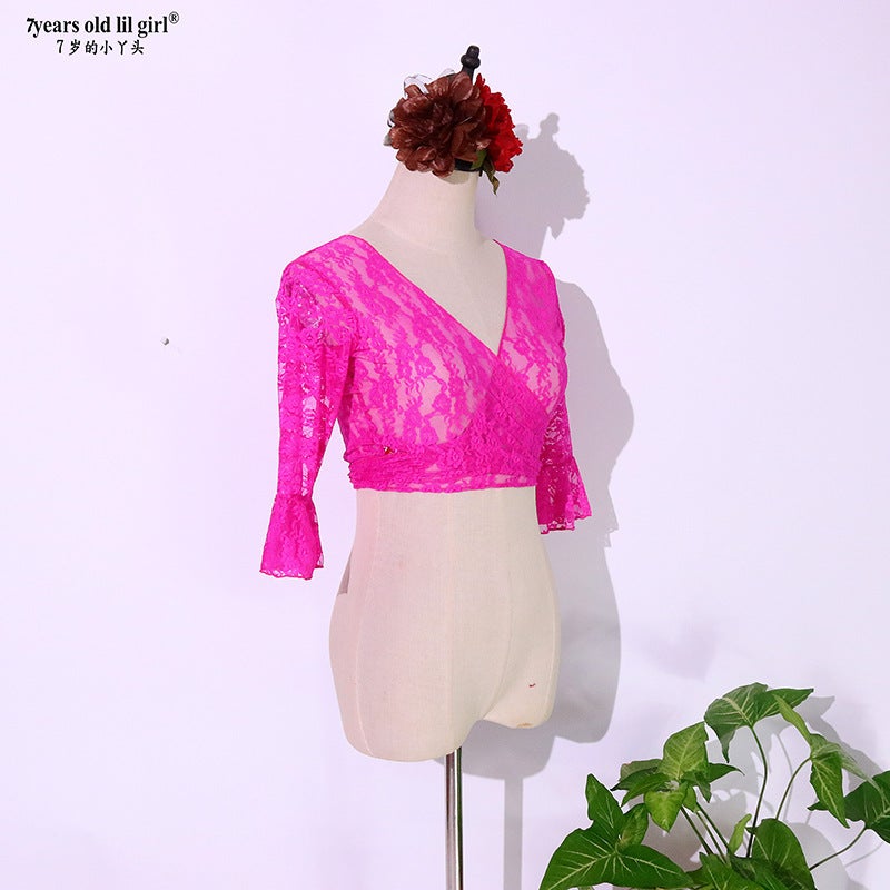 Dance Wear Brand Design Lace Flora Cardigan Bell Sleeve Short Top Factory Wholesale Euu14 - Image 4