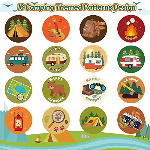 A1diee 1000Pcs Travel Camping Stickers in 2 Rolls Happy Camper Tent Bonfire Guitar Map Camera Travel Bag Car Themed Self Adhesive Decals for Birthday Gifts Bag Party Supplies School Activity Reward - Image 3