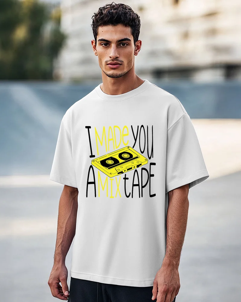 بيواكوف تيشيرت رجالي فضفاض بطبعة شريط كاسيت أزرق