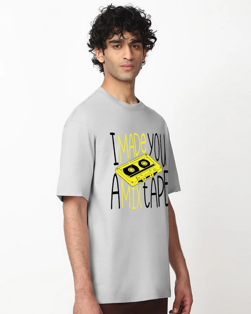 bewakoof Men's Vapour Blue Mix Tape Graphic Printed Oversized T-shirt