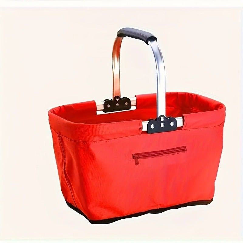 PETO Foldable Aluminum Frame Basket with Large Zipper Side Pocket, Insulated Oxford Cloth Shopping Basket - Image 5