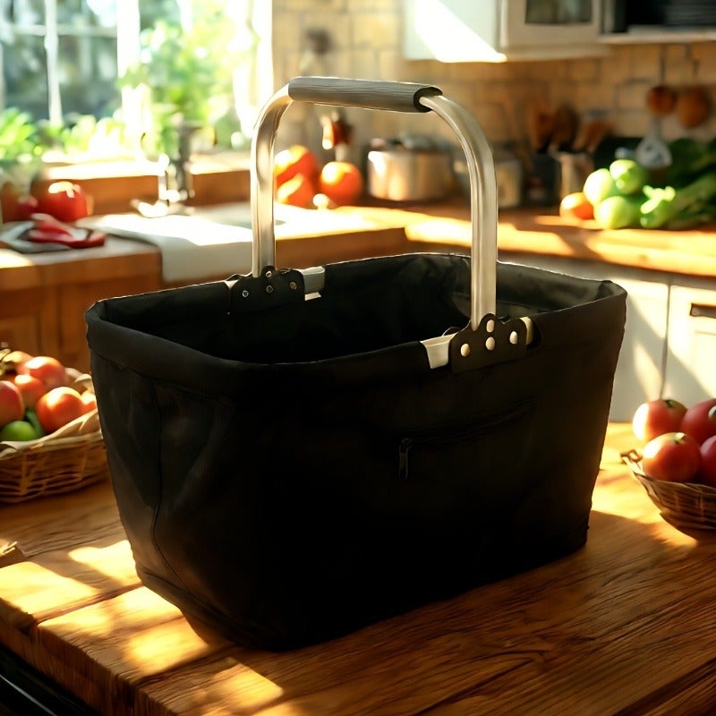 PETO Foldable Aluminum Frame Basket with Large Zipper Side Pocket, Insulated Oxford Cloth Shopping Basket - Image 4