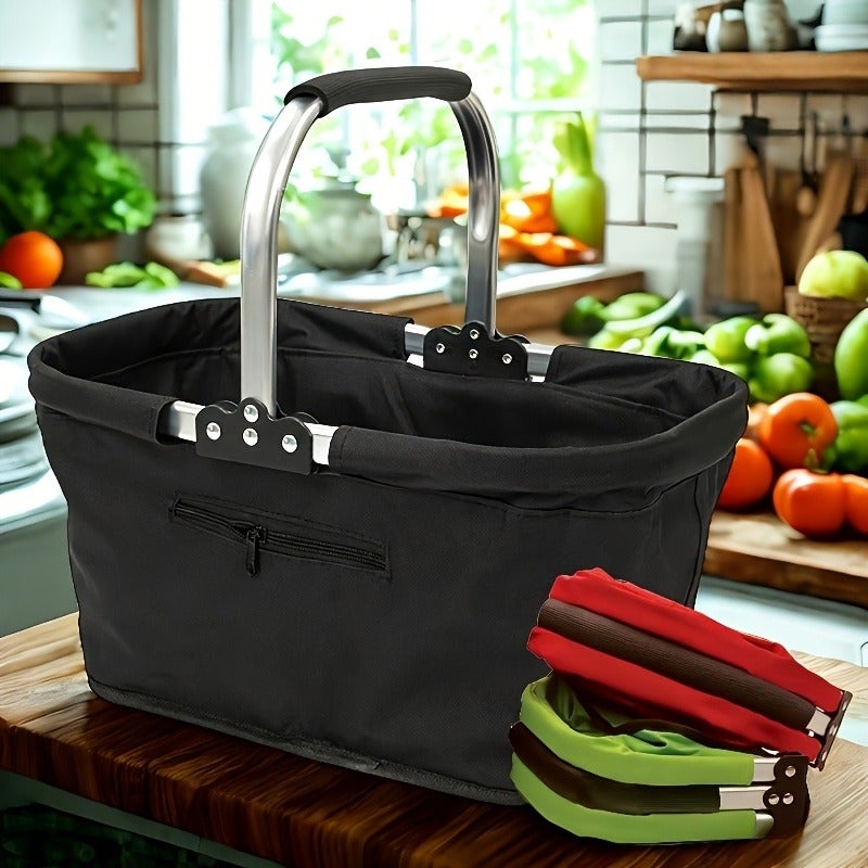 PETO Foldable Aluminum Frame Basket with Large Zipper Side Pocket, Insulated Oxford Cloth Shopping Basket - Image 1