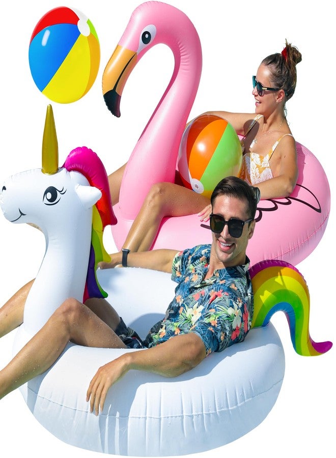 PARENTSWELL 43'' Inflatable Unicorn Flamingo Pool Floats, 2 Pack Pool Tube Floaties Swim Rings with 2 Beach Balls, Inflatable Pool Raft Tubes for Adults Pool Party Favors - Image 1